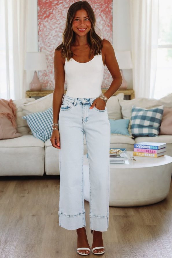 ZuZu High Rise Cropped Wide Leg Jeans - Light Denim